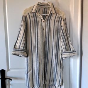 Zara 100% linen blue striped straight cut summer dress